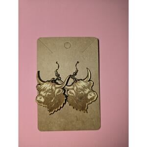 Wooden Engraved Earrings Highland Cow Dangle Drop Hook Gold Handmade